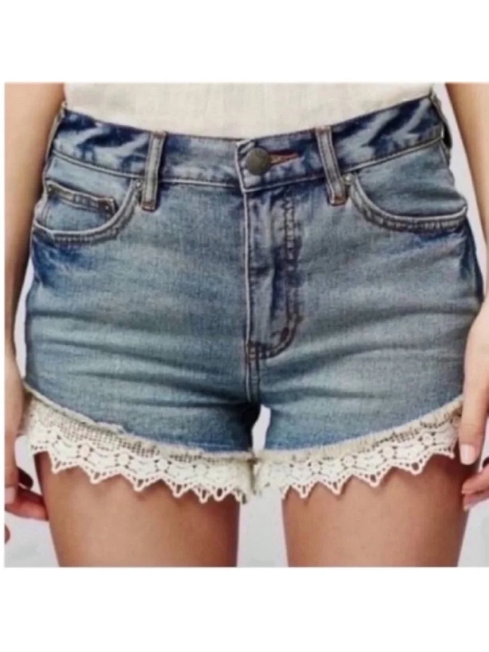 Free People Dark Blue Denim Shorts with Cream Lace Trim Size 26
